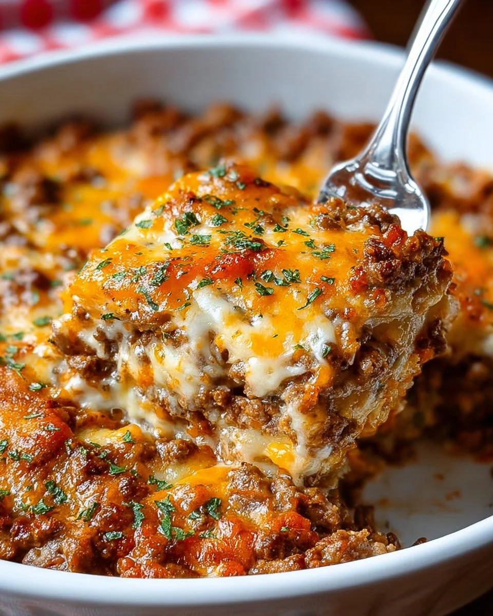 Keto Cheeseburger Casserole topped with cheese and garnished with fresh herbs