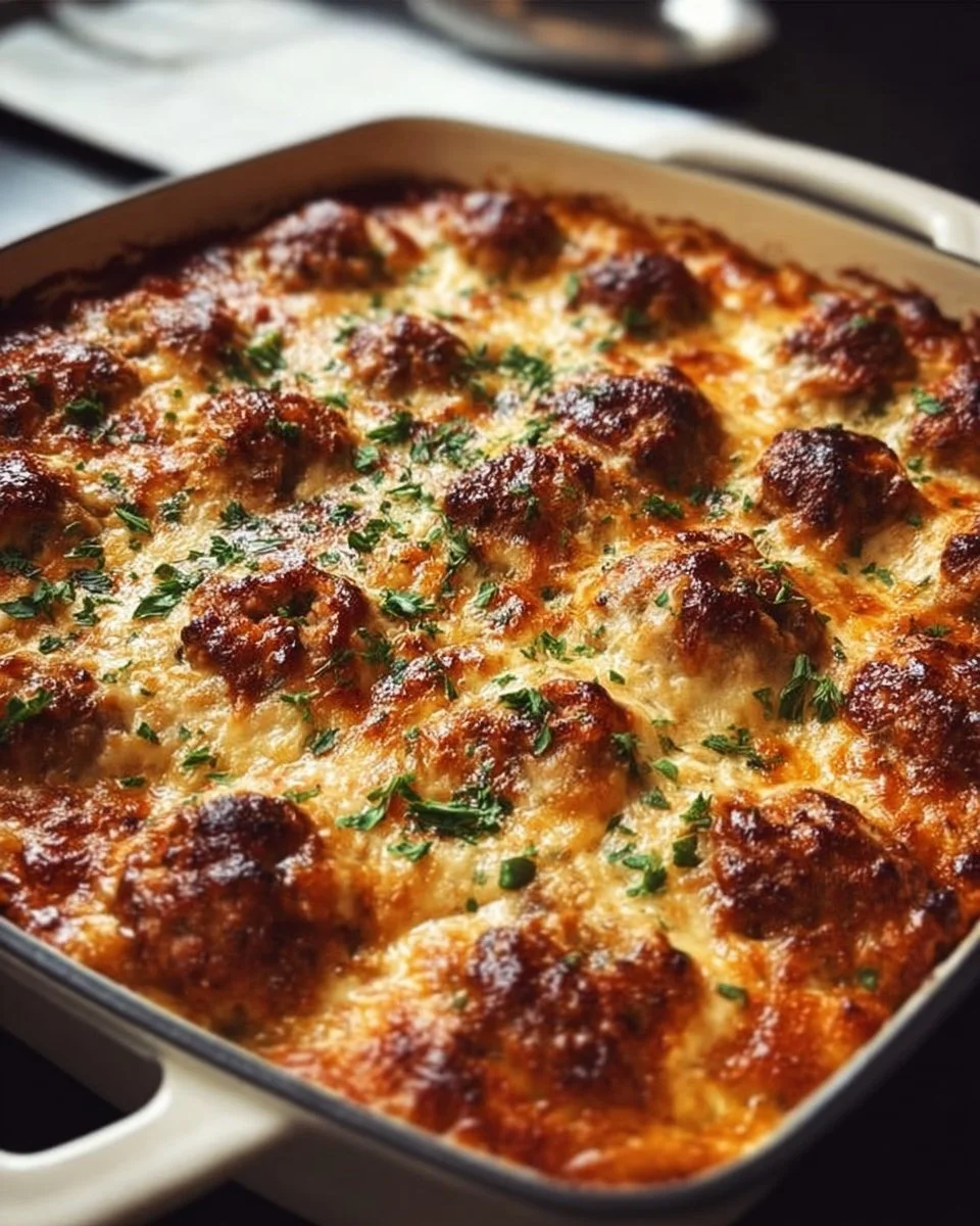 Keto Meatball Casserole topped with melted cheese and herbs