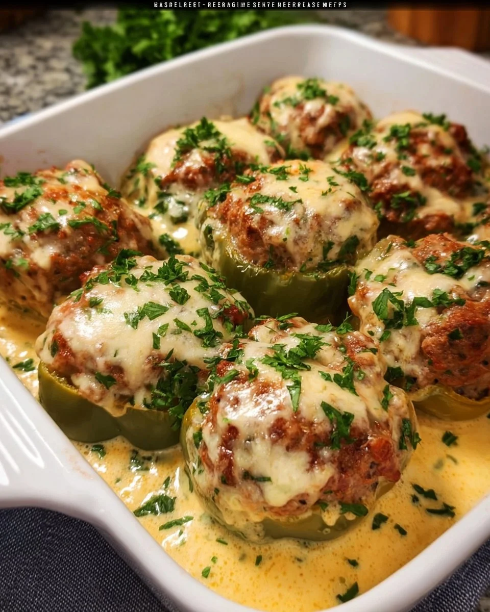 Keto Stuffed Pepper Casserole topped with cheese and peppers