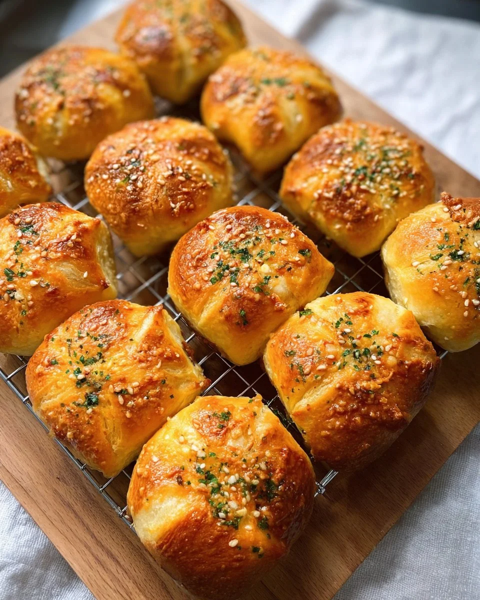 Korean cream cheese garlic buns on a plate, freshly baked and golden brown.