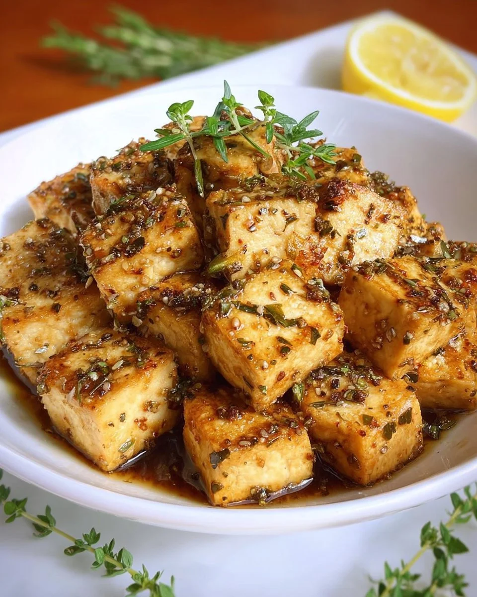 Crispy Lemon Herb Tofu garnished with fresh herbs on a plate.