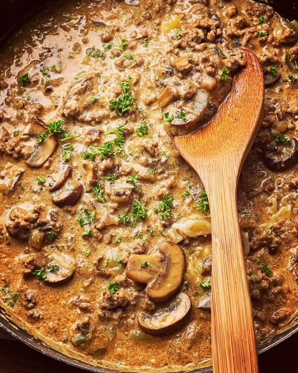 Low carb keto beef stroganoff made with ground beef and creamy sauce