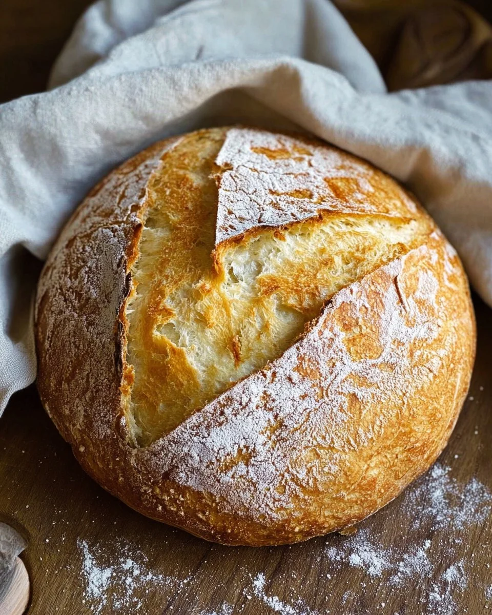 Freshly baked no knead gluten free bread loaf on a wooden cutting board