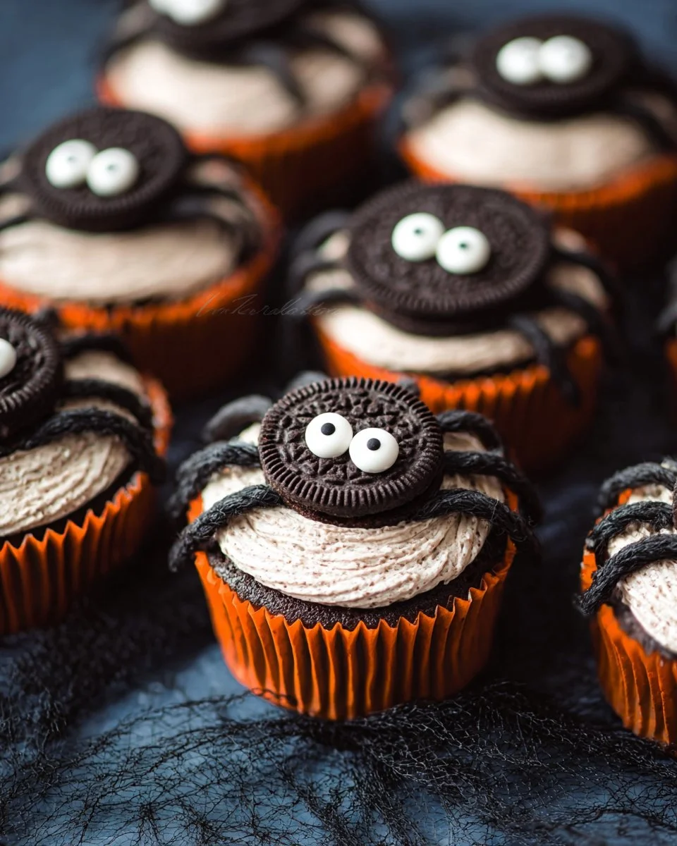 Oreo Spider Cupcakes decorated with black icing and Oreo cookies
