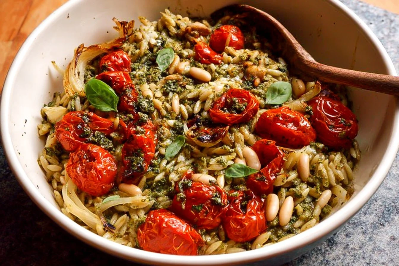 Pesto Orzo with roasted cherry tomatoes, fennel, and white beans served in a bowl.