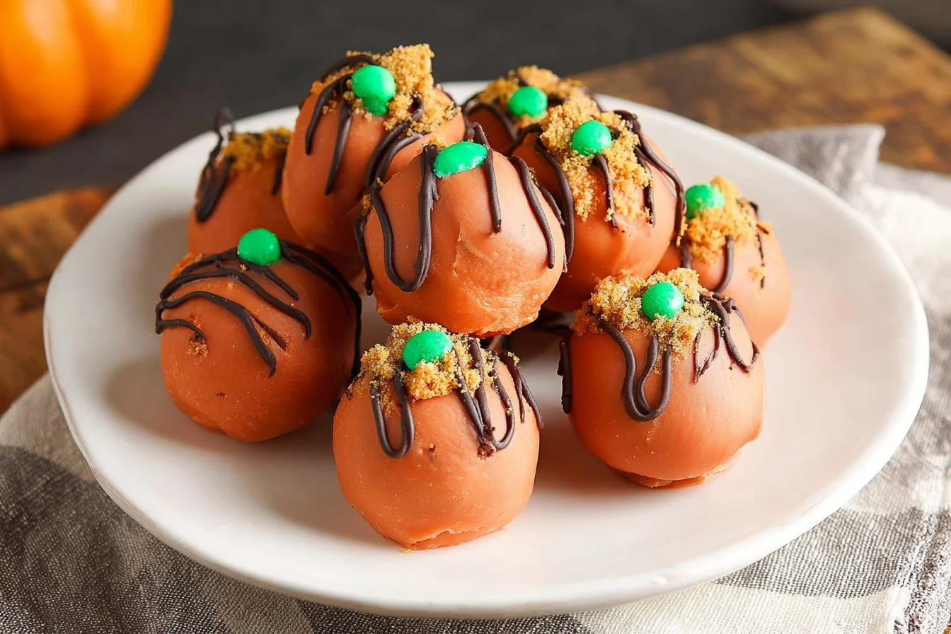 Pumpkin Oreo Balls decorated with orange sprinkles on a white plate