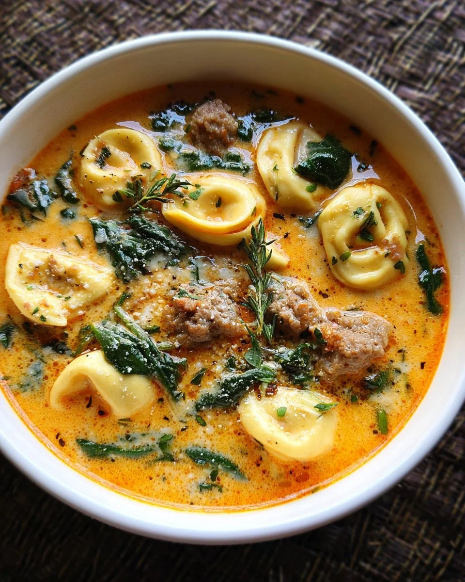 Bowl of sausage tortellini soup with spinach garnished on top