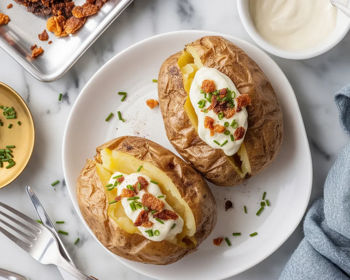 Perfectly baked potato with crispy skin and fluffy insides, ideal for toppings.
