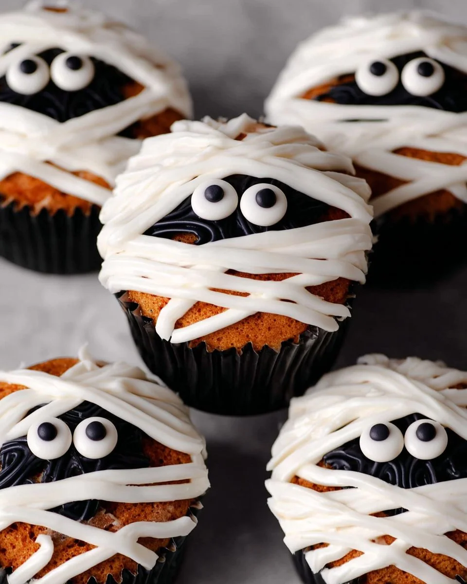 Delicious Halloween mummy cupcakes decorated for spooky celebrations