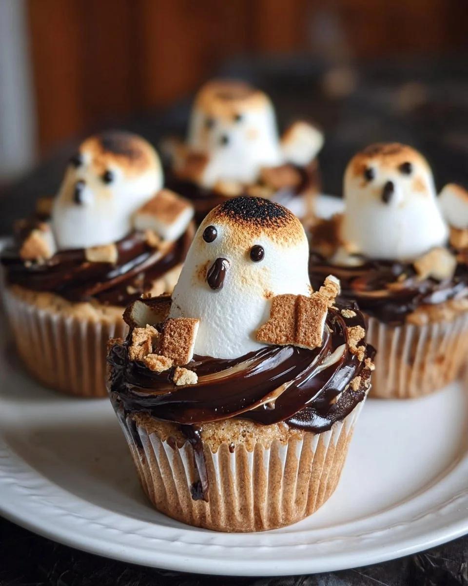 Toasted Ghost S’mores Cupcakes featuring layers of chocolate, marshmallow, and graham cracker