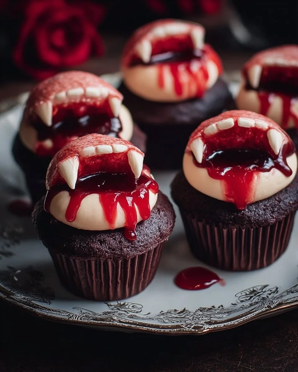 Vampire Bite Cupcakes with red icing and fang decorations