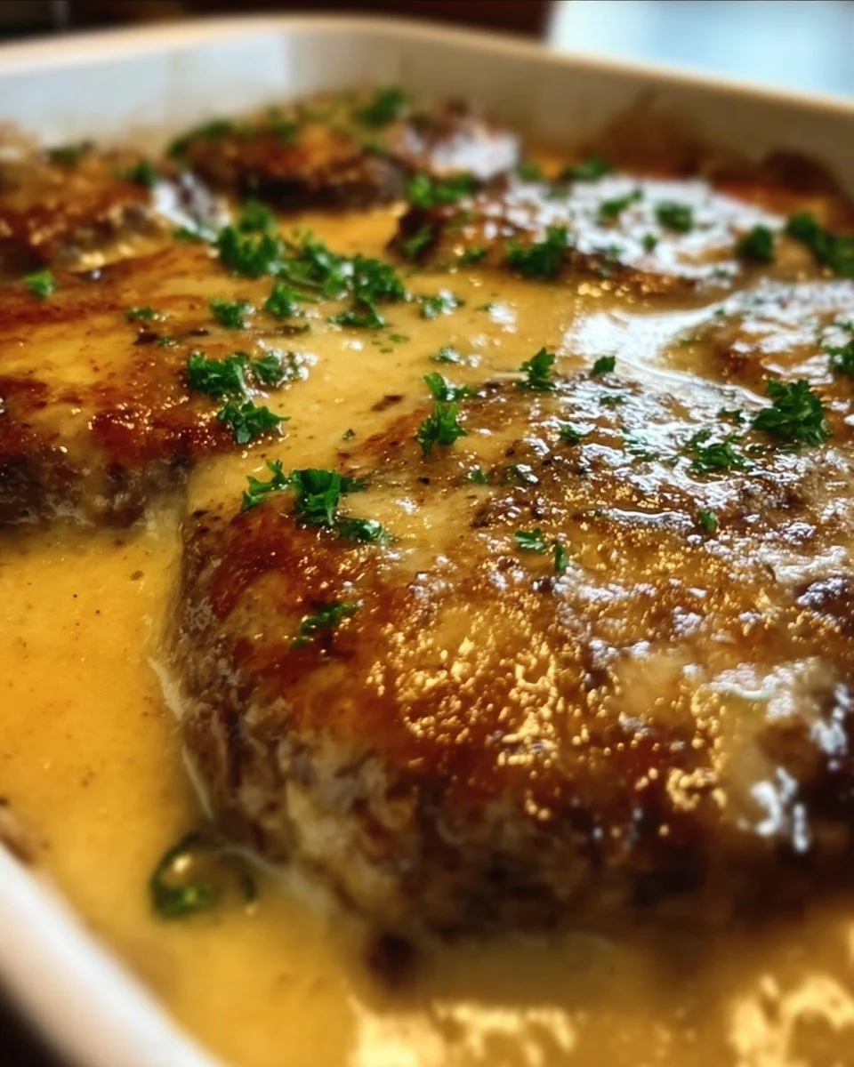 Delicious Amish Hamburger Steak Bake served with rich gravy and vegetables.