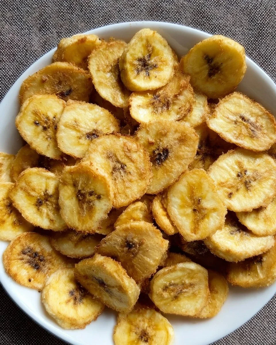 Baked banana chips on a wooden platter, healthy snack option.