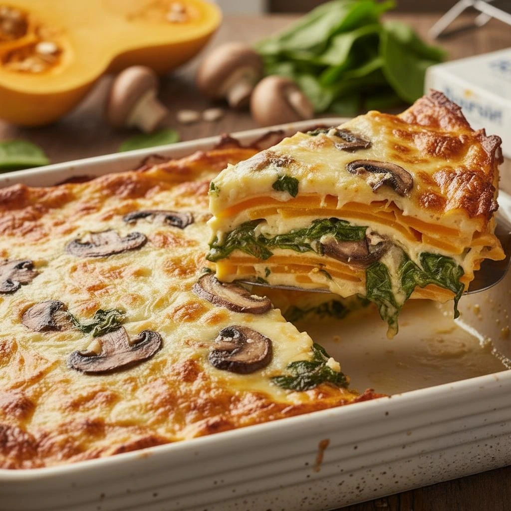 Invisible Butternut Squash Spinach Lasagna serving dish, showing a slice lifted with rich, creamy layers of squash, spinach, mushrooms, and melted cheese.