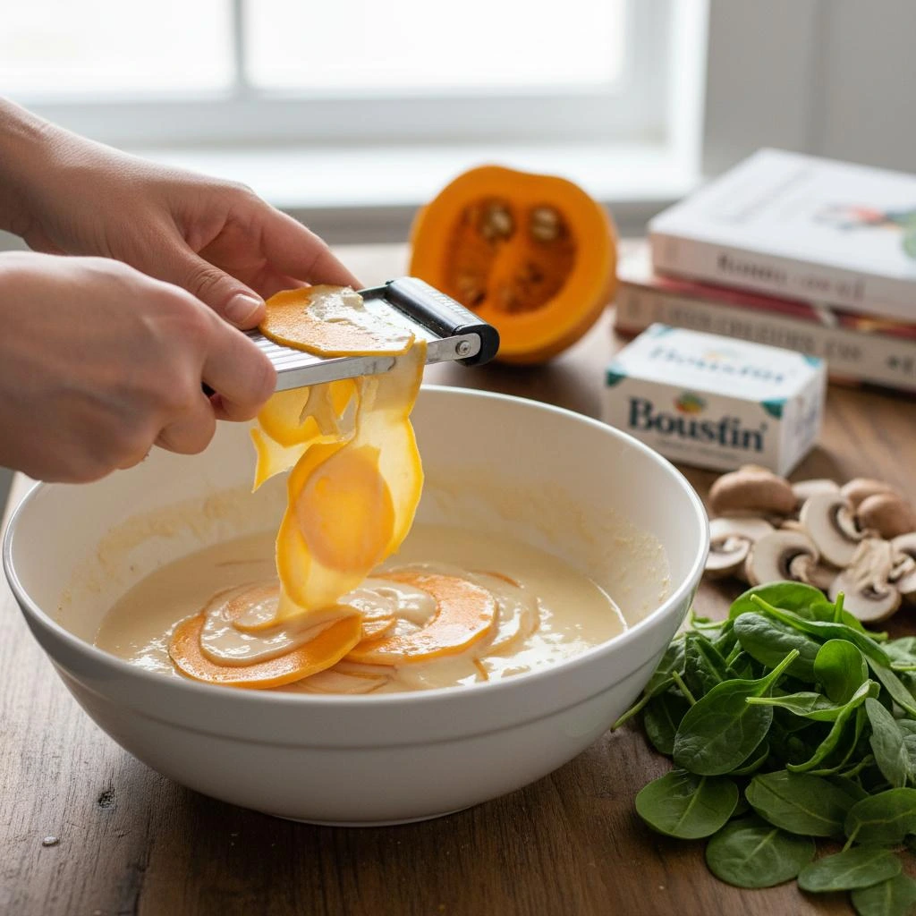 Hand-slicing butternut squash with a mandoline over a large bowl of creamy batter with fresh spinach and Boursin cheese.