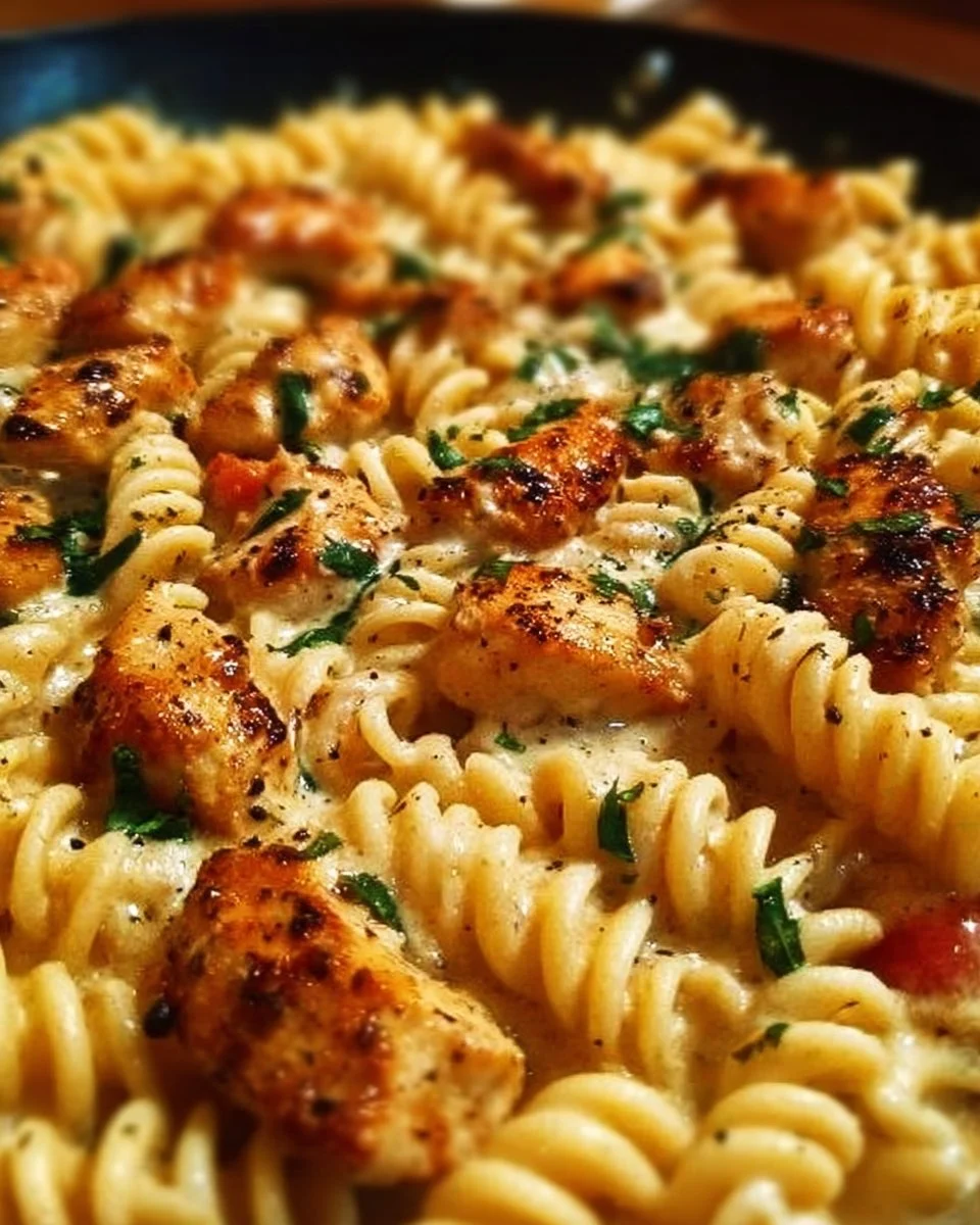 Cheesy Cajun Garlic Chicken Rotini Skillet served in a cozy setting