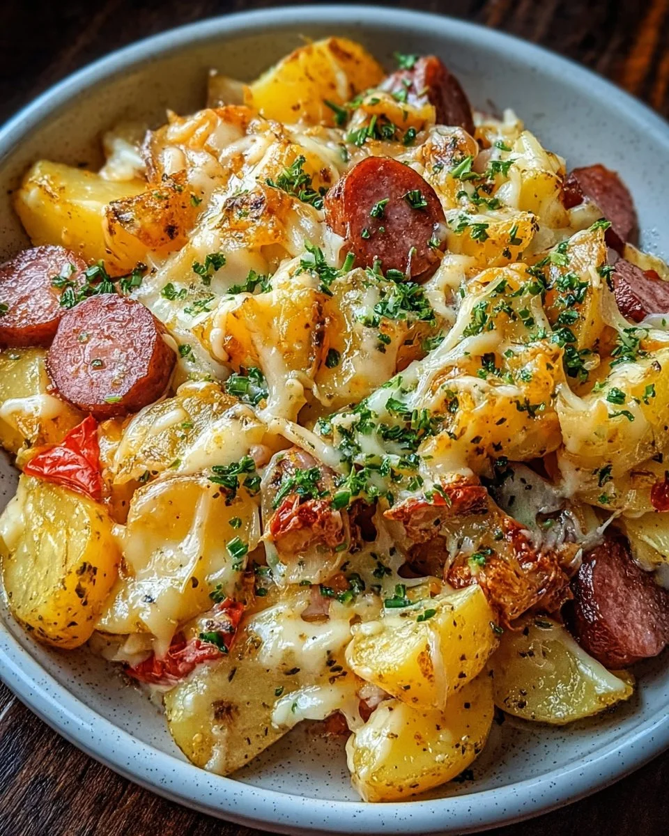 A plate of cheesy ranch potatoes with smoked sausage, garnished with green onions.