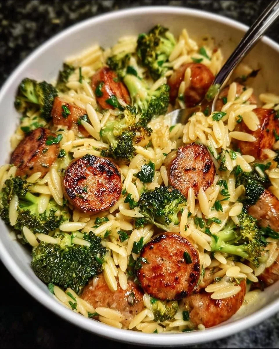 Delicious Chicken Sausage and Broccoli Orzo served in a bowl