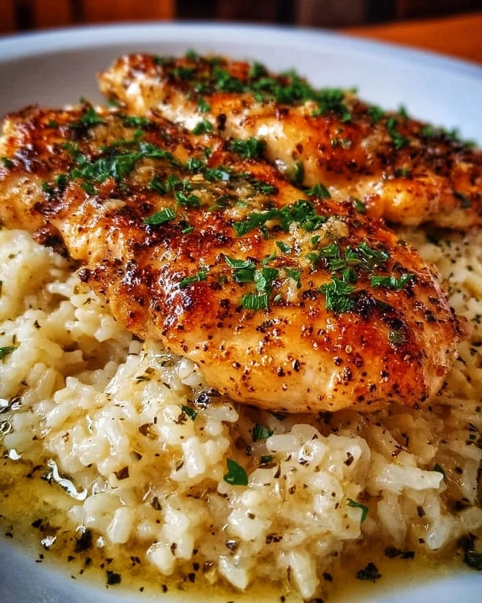 Plate of Chicken with Garlic Parmesan Rice garnished with herbs