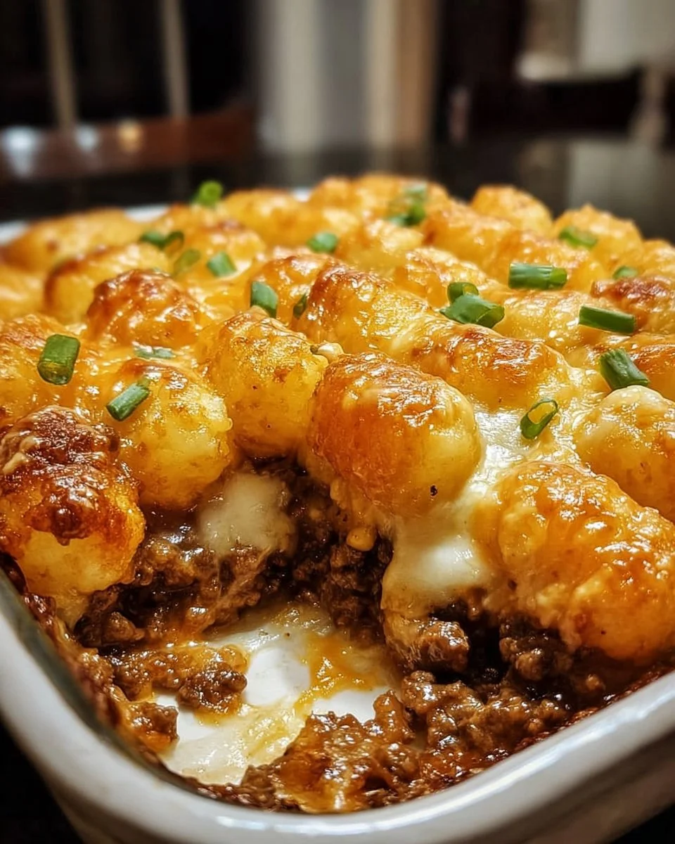 Delicious Chili Cheese Tater Tot Casserole baked and ready to serve