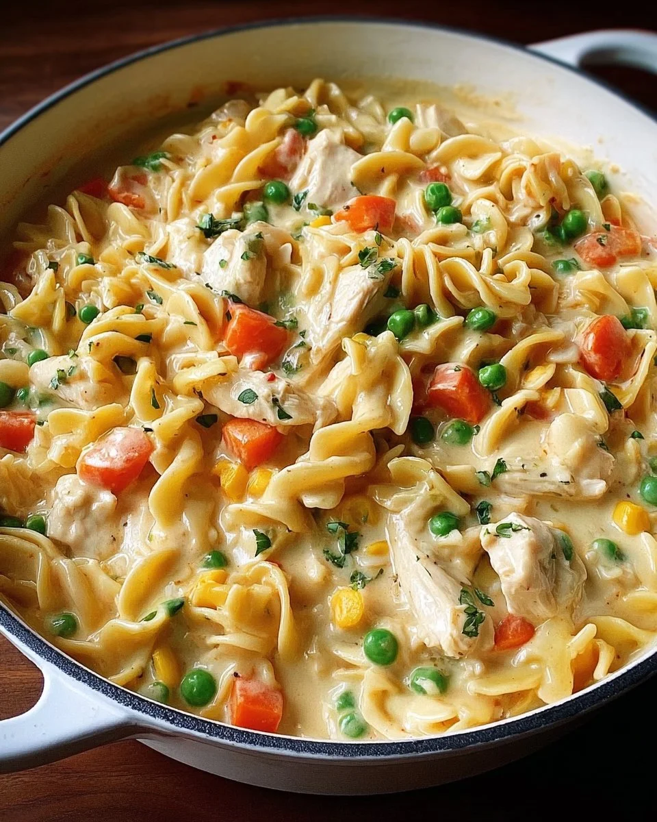 Delicious Classic Chicken Pot Pie Pasta served in a bowl