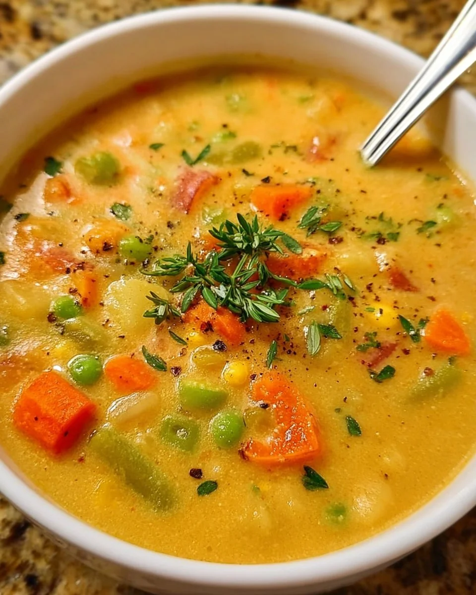 Bowl of comforting one-pot creamy vegetable soup topped with fresh herbs.