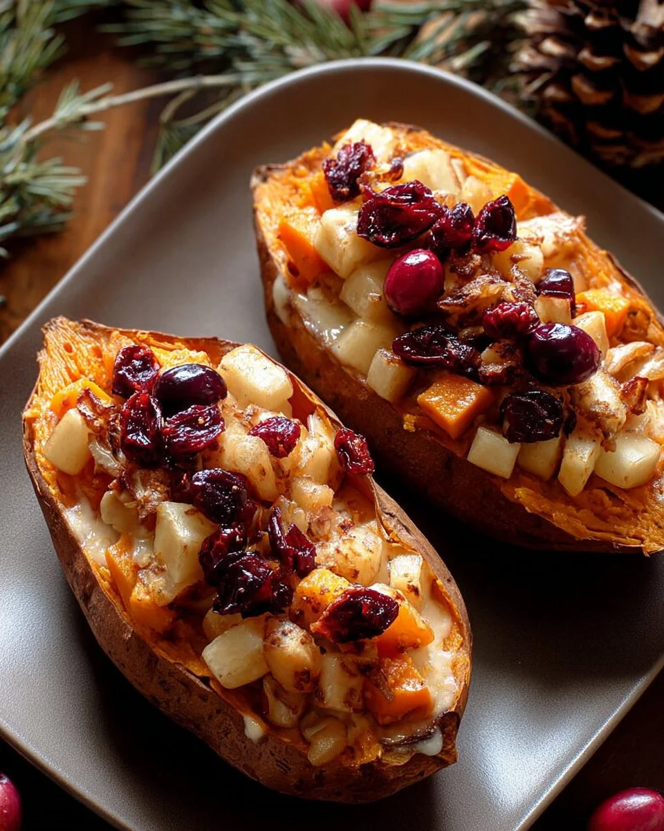Cranberry apple twice-baked sweet potatoes topped with herbs and nuts