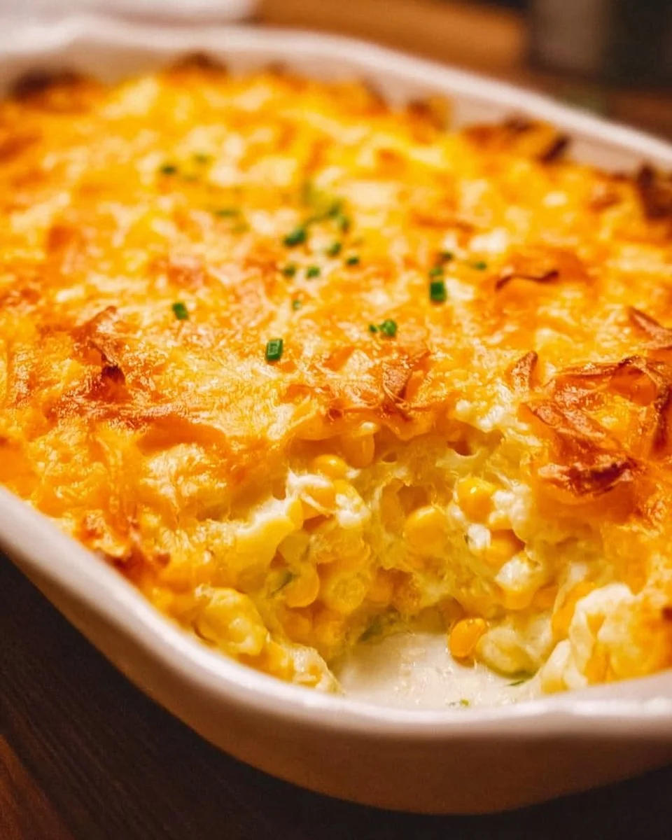 Delicious cream cheese corn casserole in a baking dish, freshly made and ready to serve.