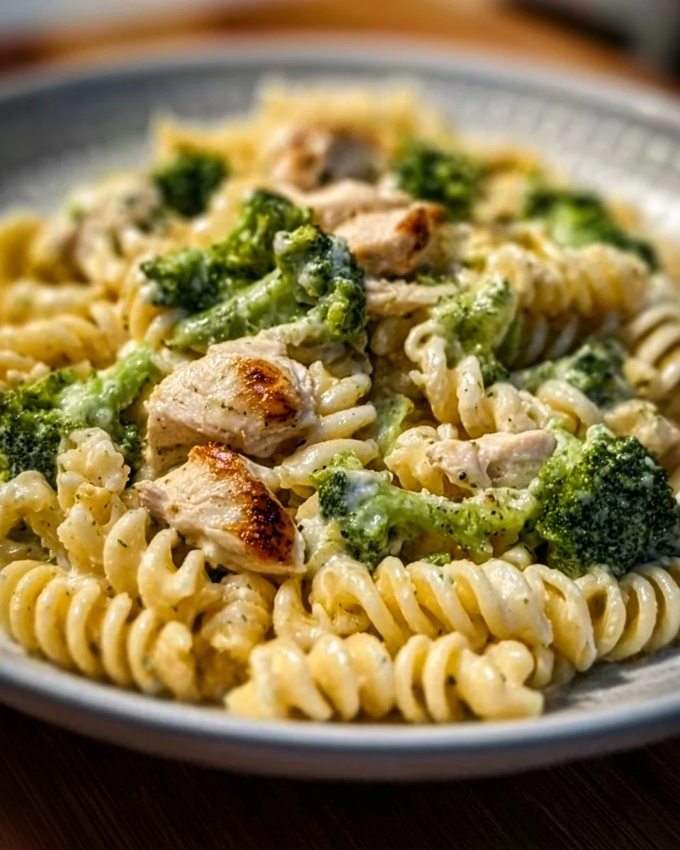 Creamy rotisserie chicken broccoli pasta dish garnished with parsley