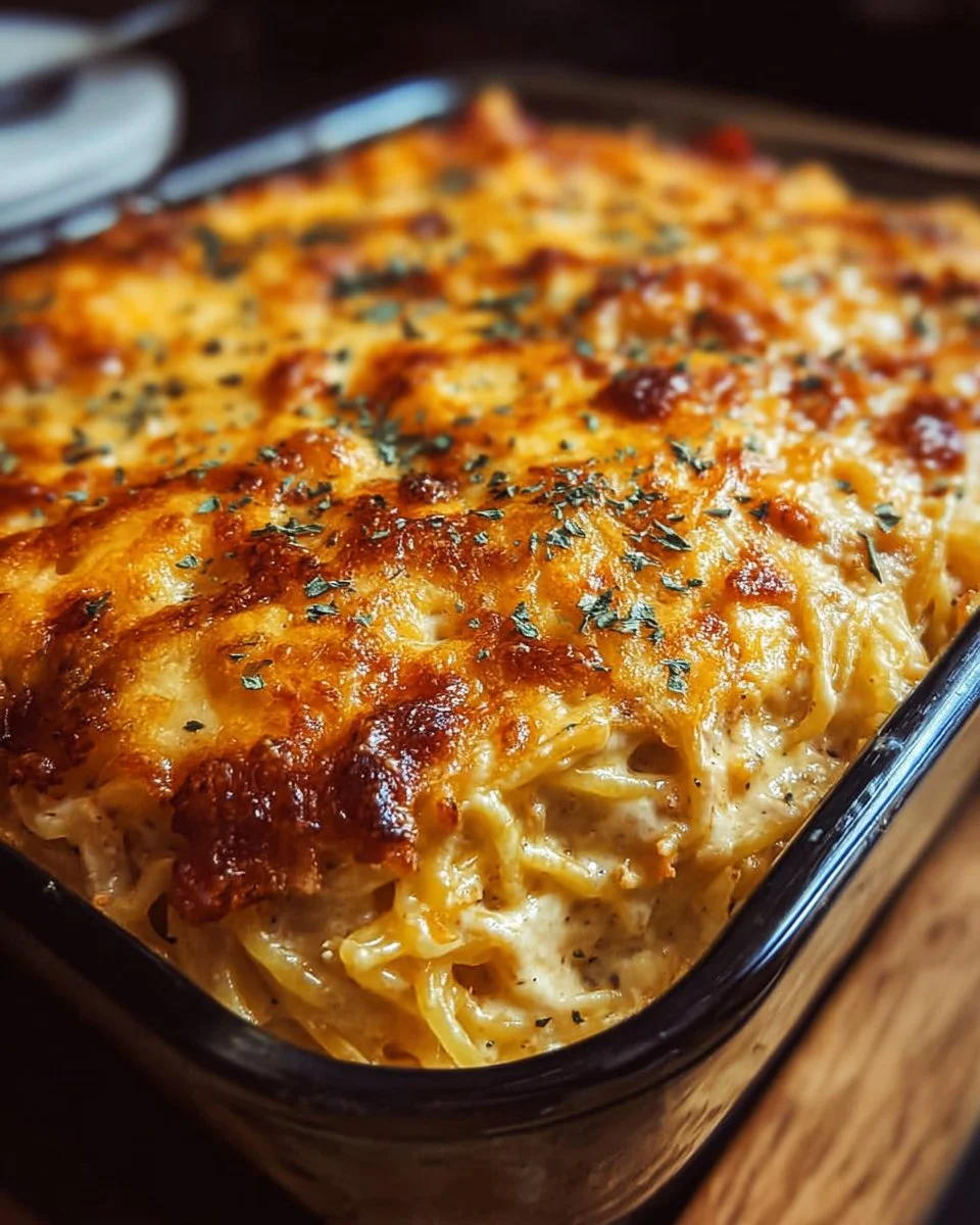 Creamy Southern spaghetti bake topped with cheese and herbs