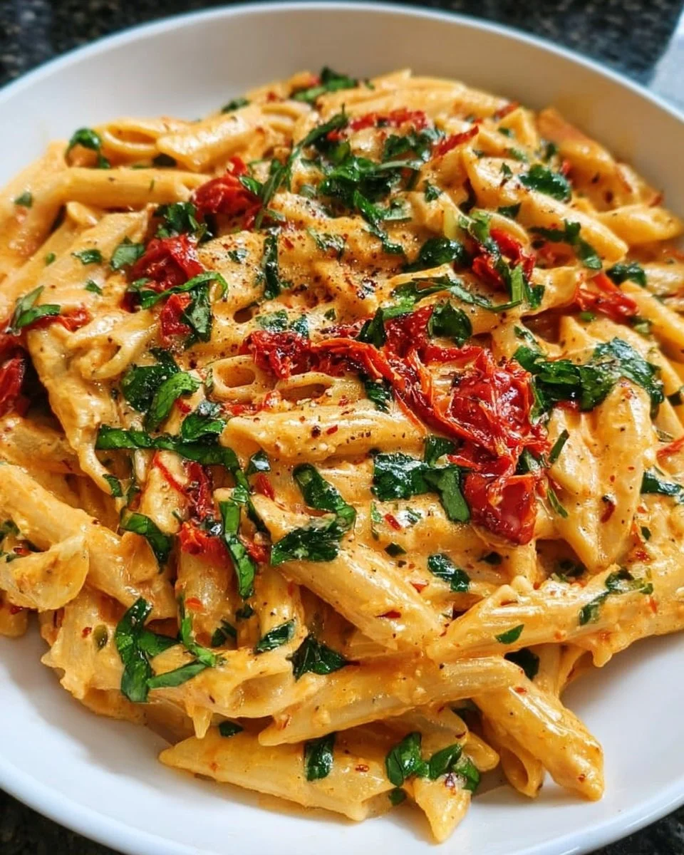 Bowl of creamy vegan sun-dried tomato pasta topped with fresh basil
