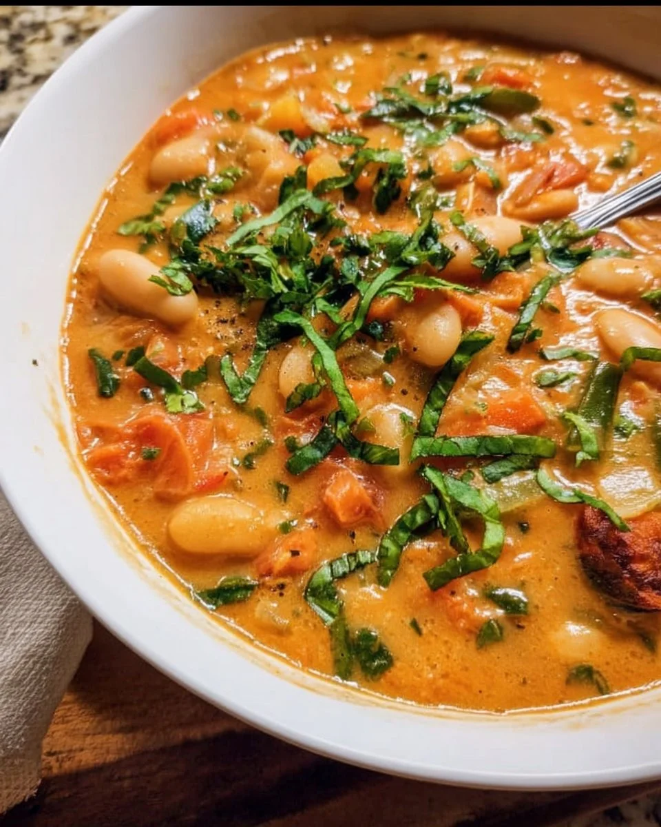 Creamy vegan tomato white bean stew in a rustic bowl