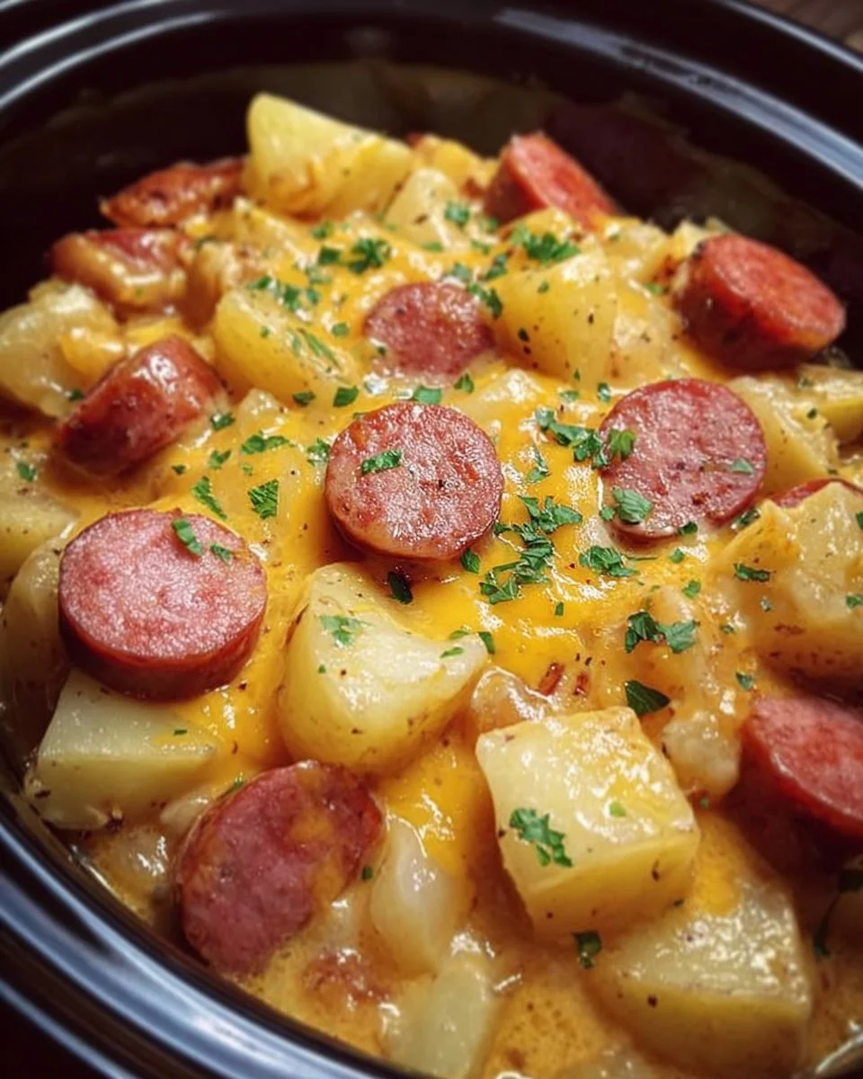 Creamy crockpot cheesy potatoes with kielbasa served in a slow cooker