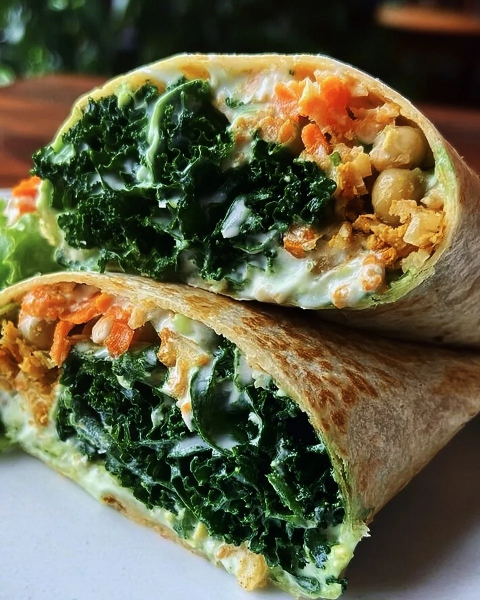 Crunchy Caesar Kale Wrap with fresh vegetables and creamy dressing