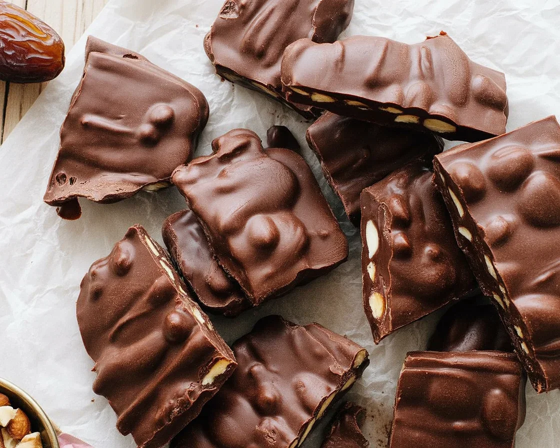 Viral Date Bark recipe with Medjool dates, peanut butter, and melted chocolate