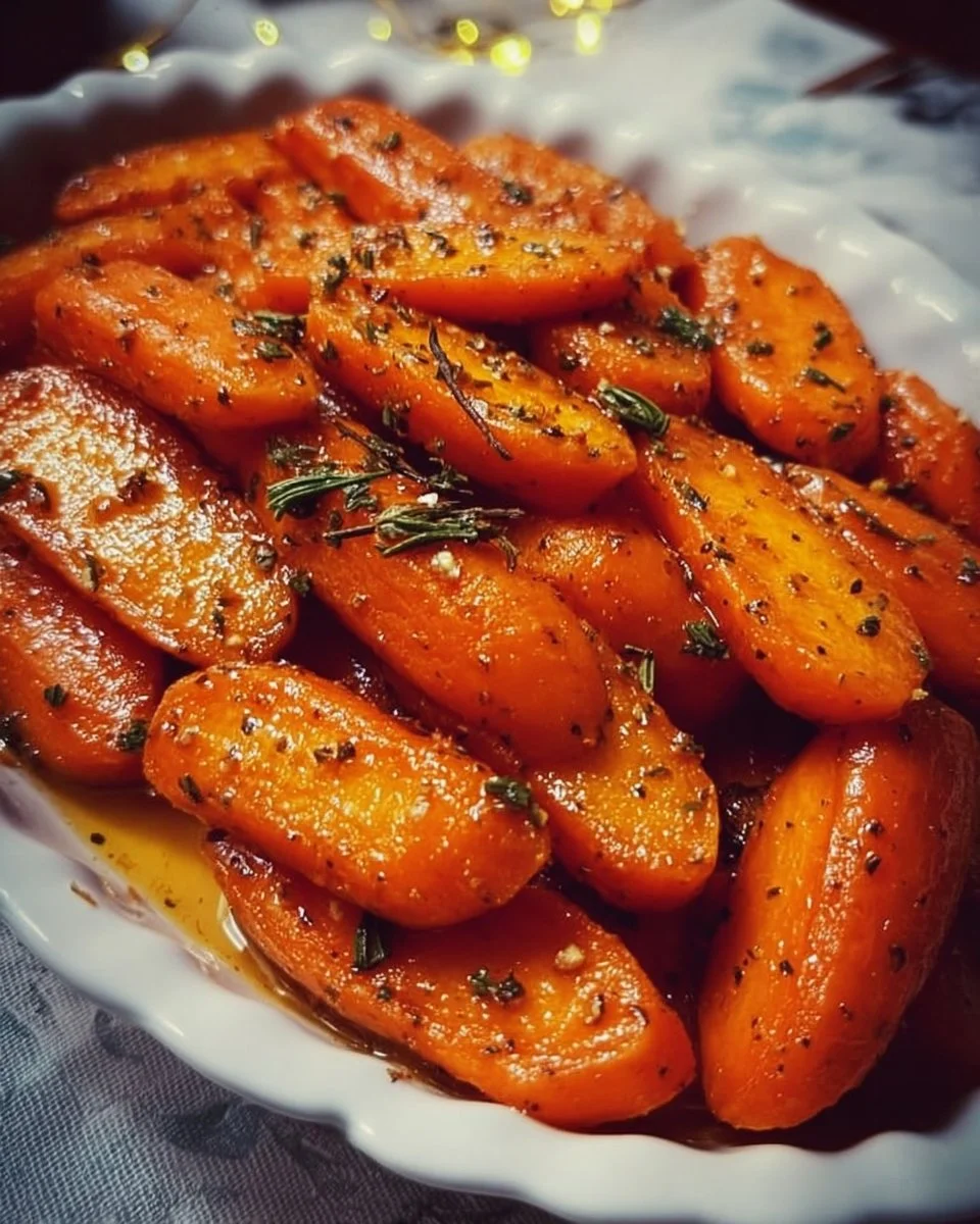 Delicious glazed carrots with a sweet and shiny finish served as a side dish.