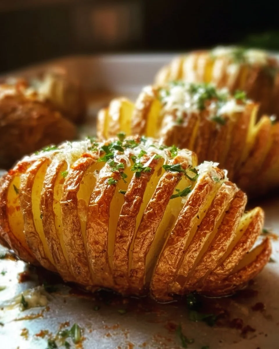 Beautifully sliced Hasselback Potatoes topped with herbs and spices