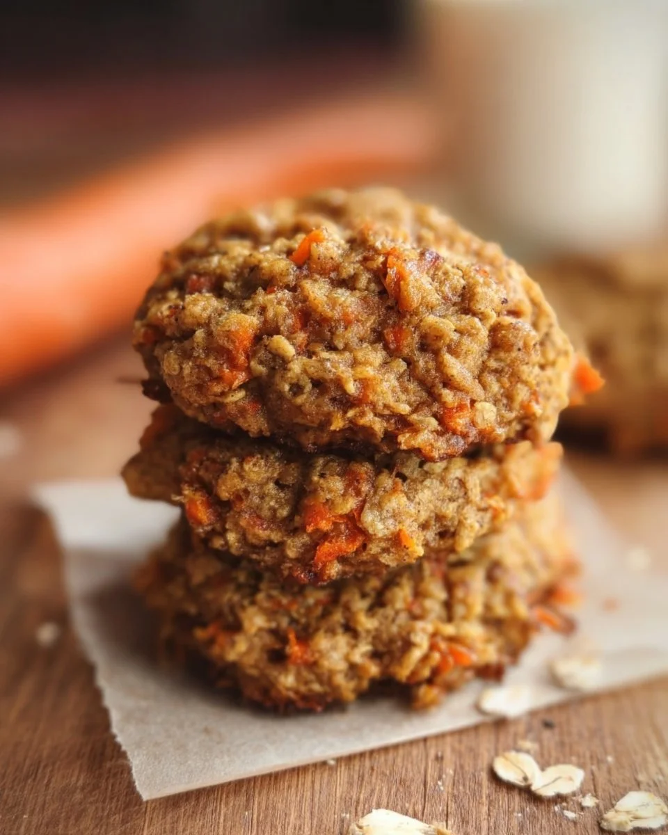 Healthy carrot cake oatmeal cookies stacked on a plate