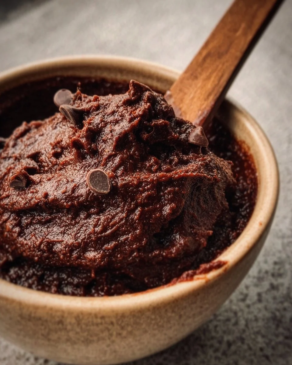 Healthy edible brownie batter in a bowl, ready to enjoy without baking.