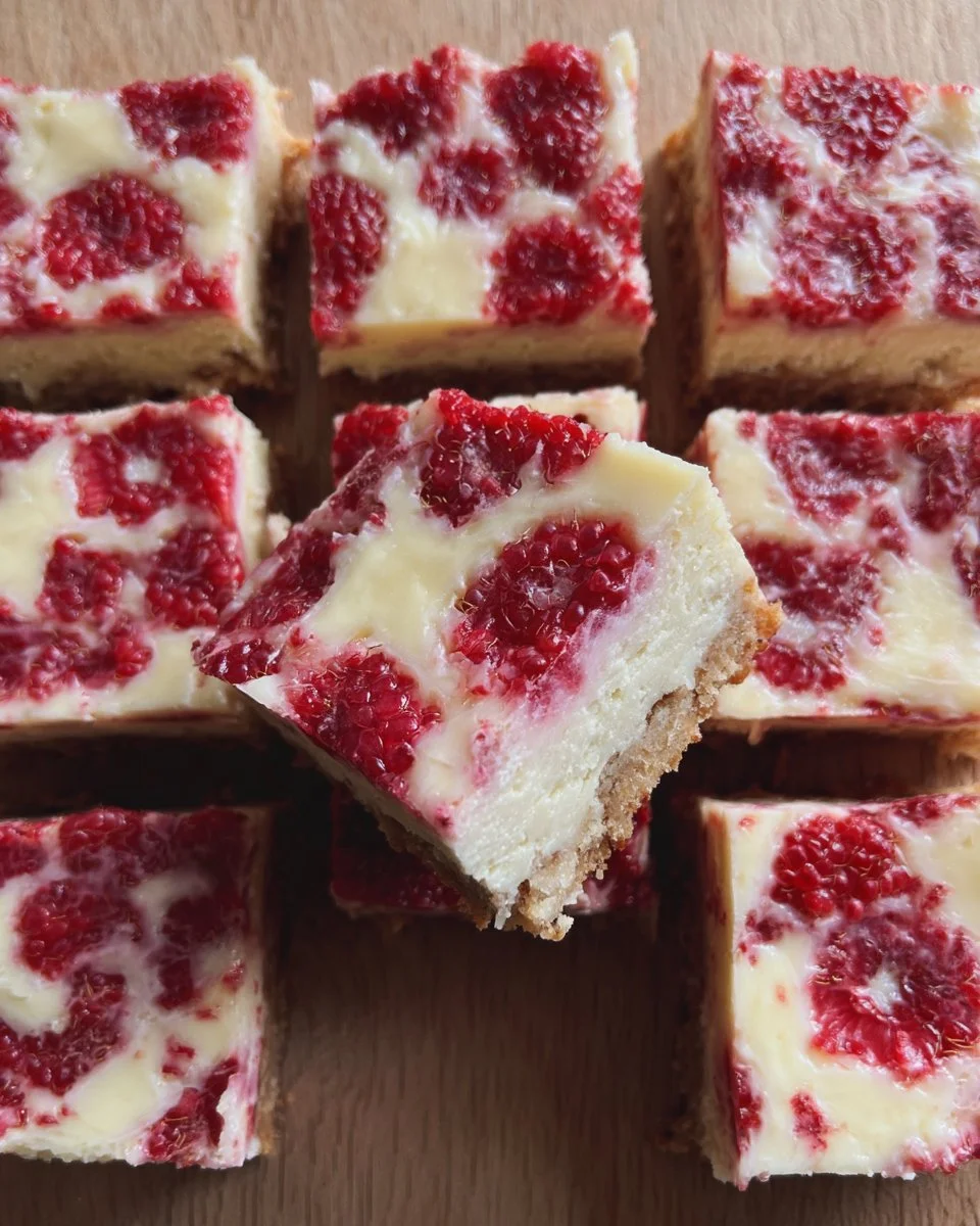 Healthy raspberry cheesecake bars topped with fresh raspberries and drizzle