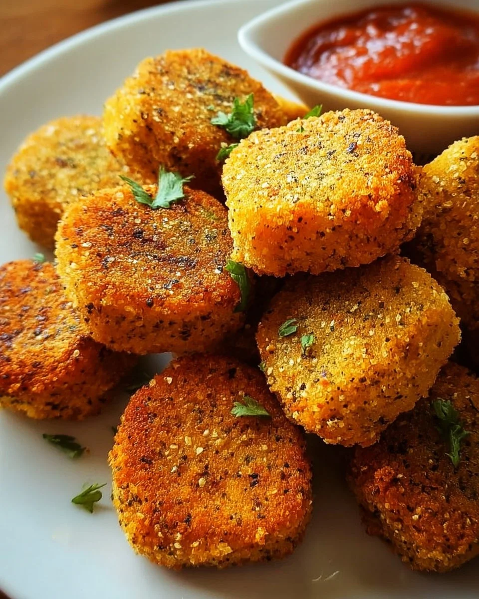 Healthy vegan chickpea nuggets served on a plate with dipping sauce