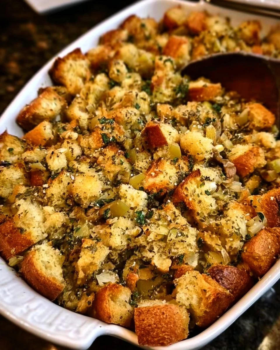 Delicious homemade herb stuffing prepared with fresh herbs and bread.