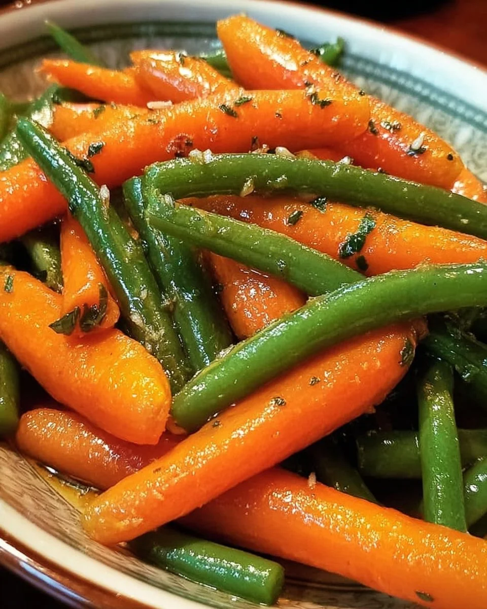 Honey glazed carrots served with green beans on a plate