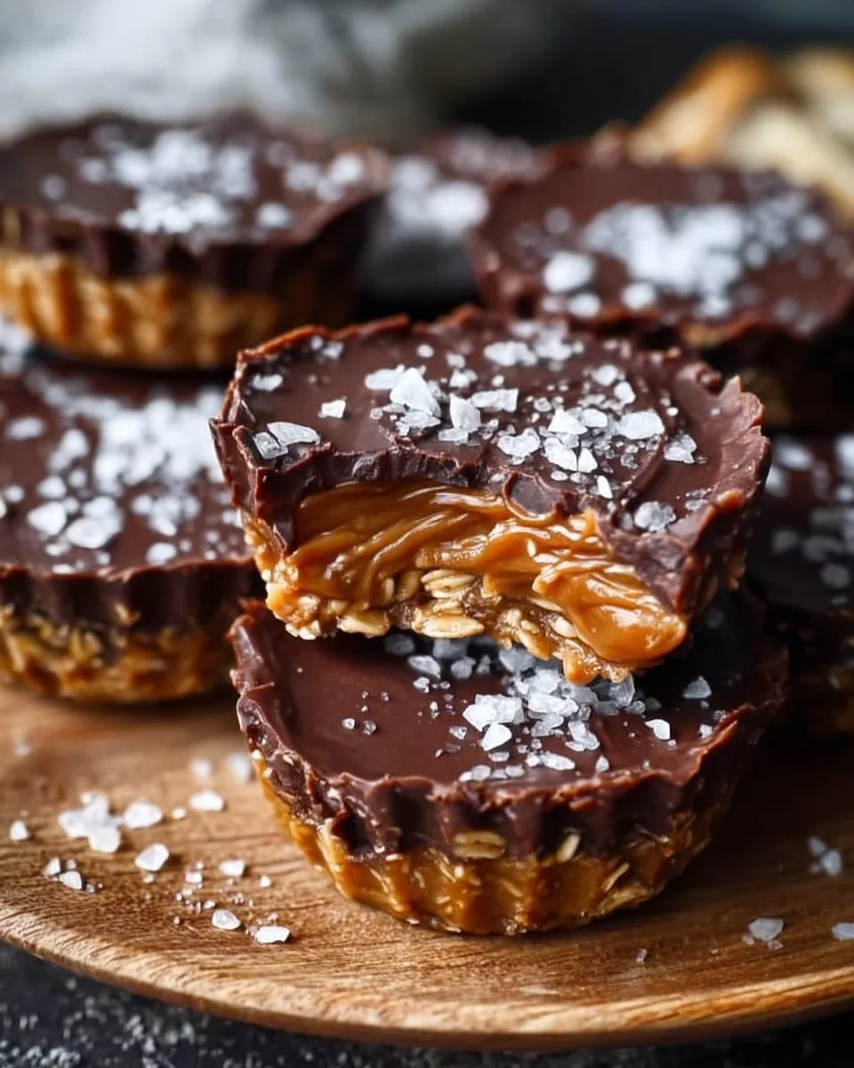 No-bake peanut butter oat cups topped with chocolate and nuts.