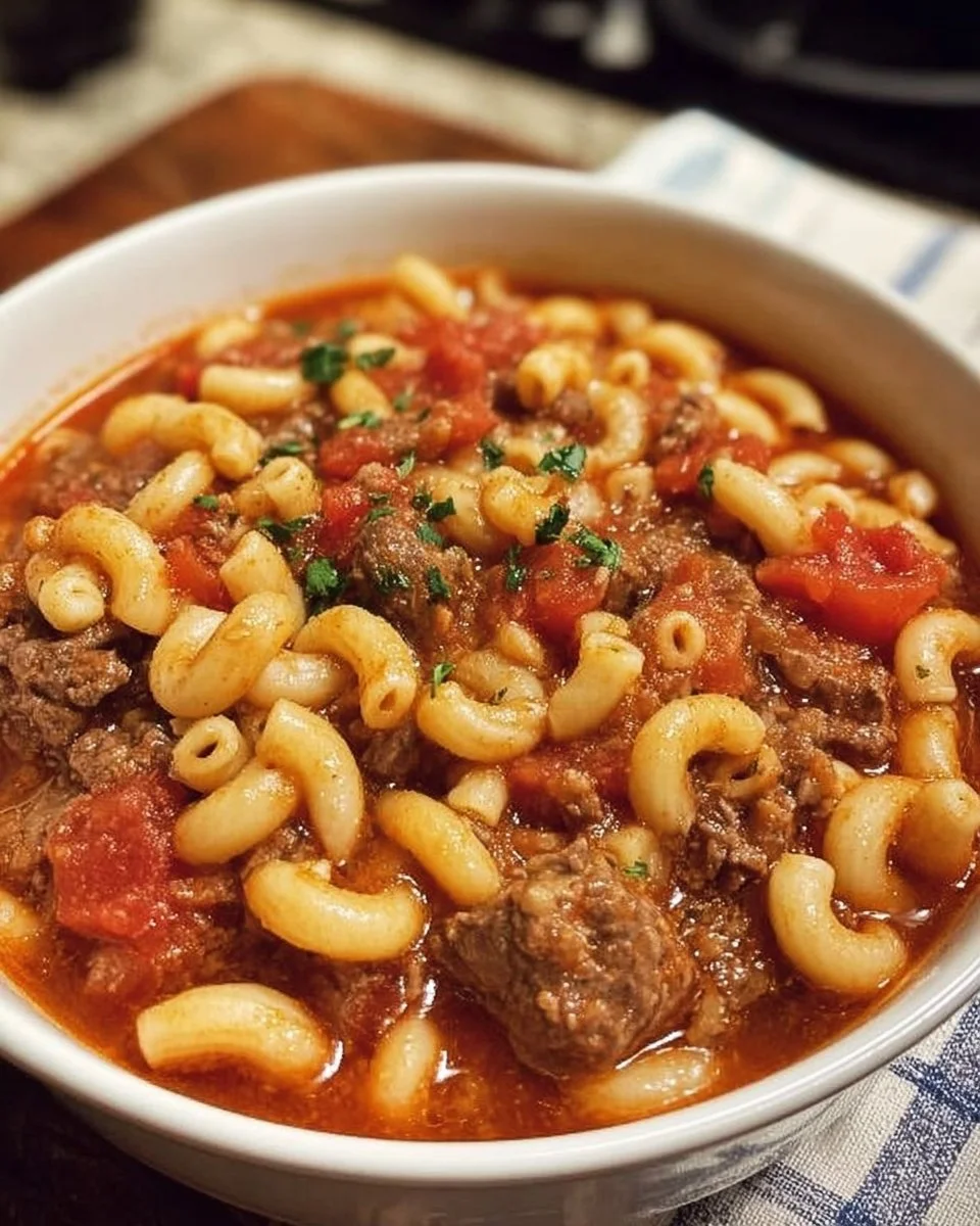 Bowl of Old-Fashioned Goulash with pasta and colorful vegetables