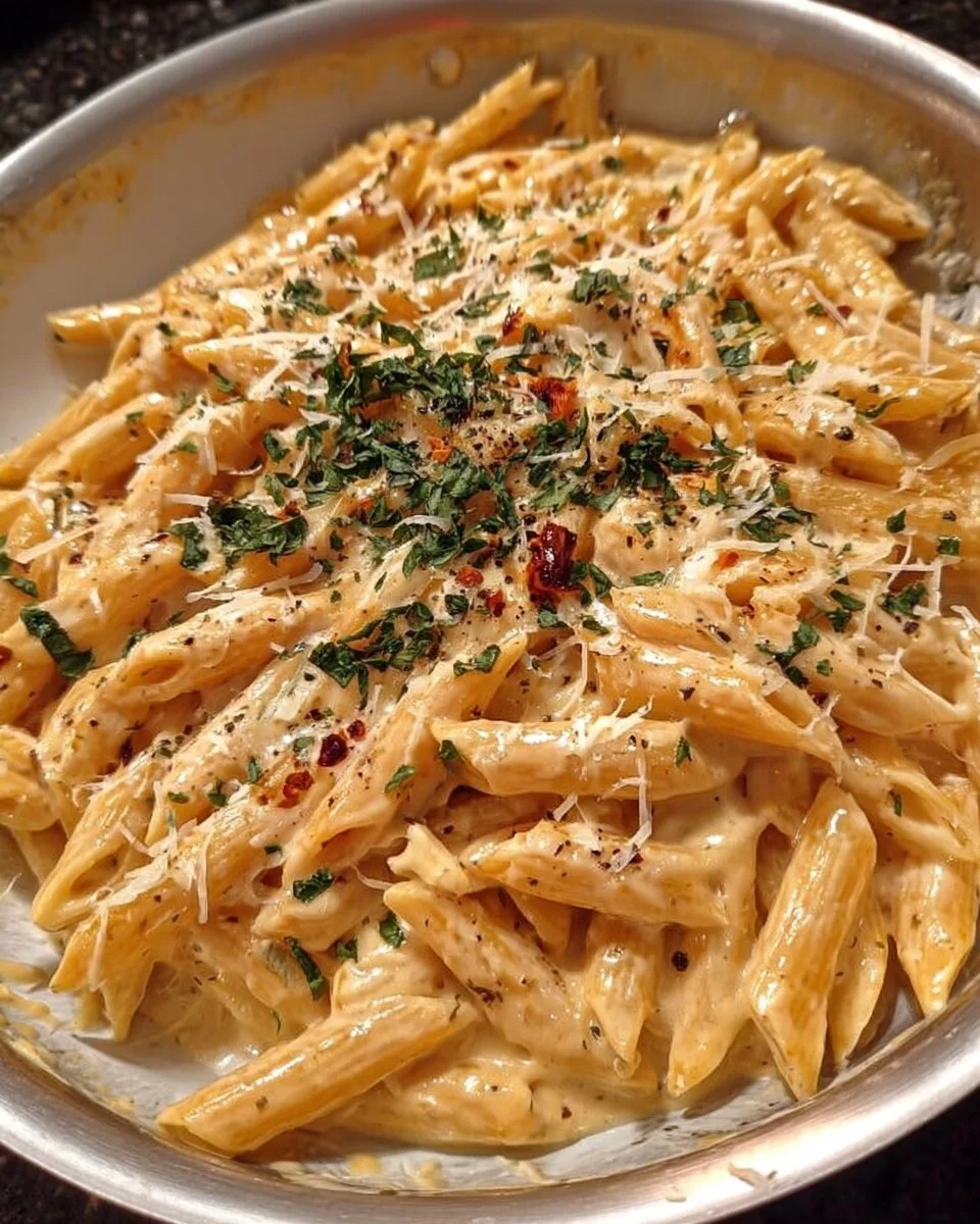 One Pot Creamy Garlic Pasta dish, rich and creamy with garlic flavor.