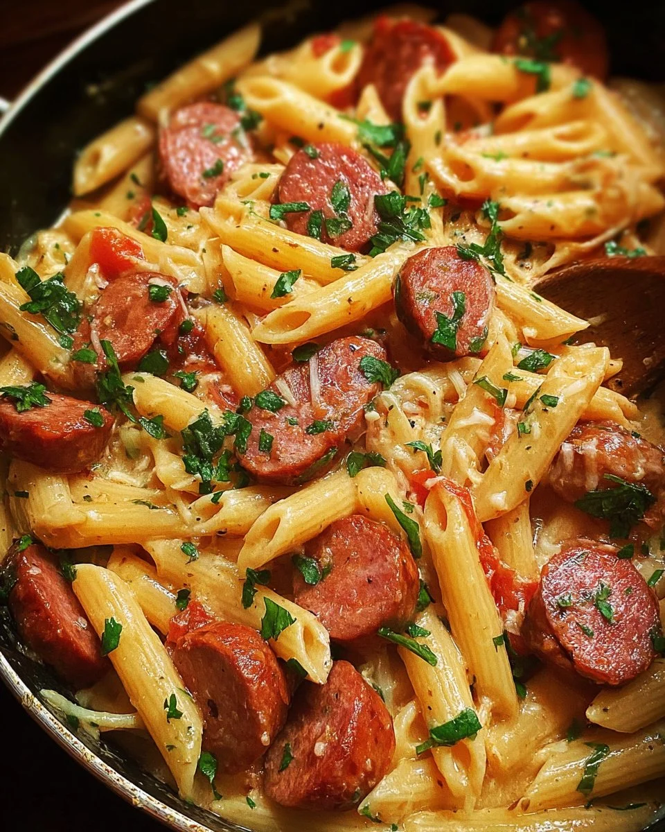 One Pot Kielbasa Pasta served with vegetables in a bowl