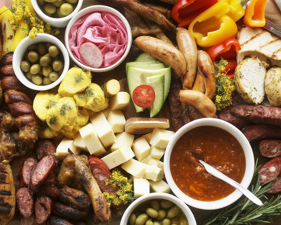 Delicious BBQ-terie Board with ribs, sides, and sauces showcasing barbecued classics.