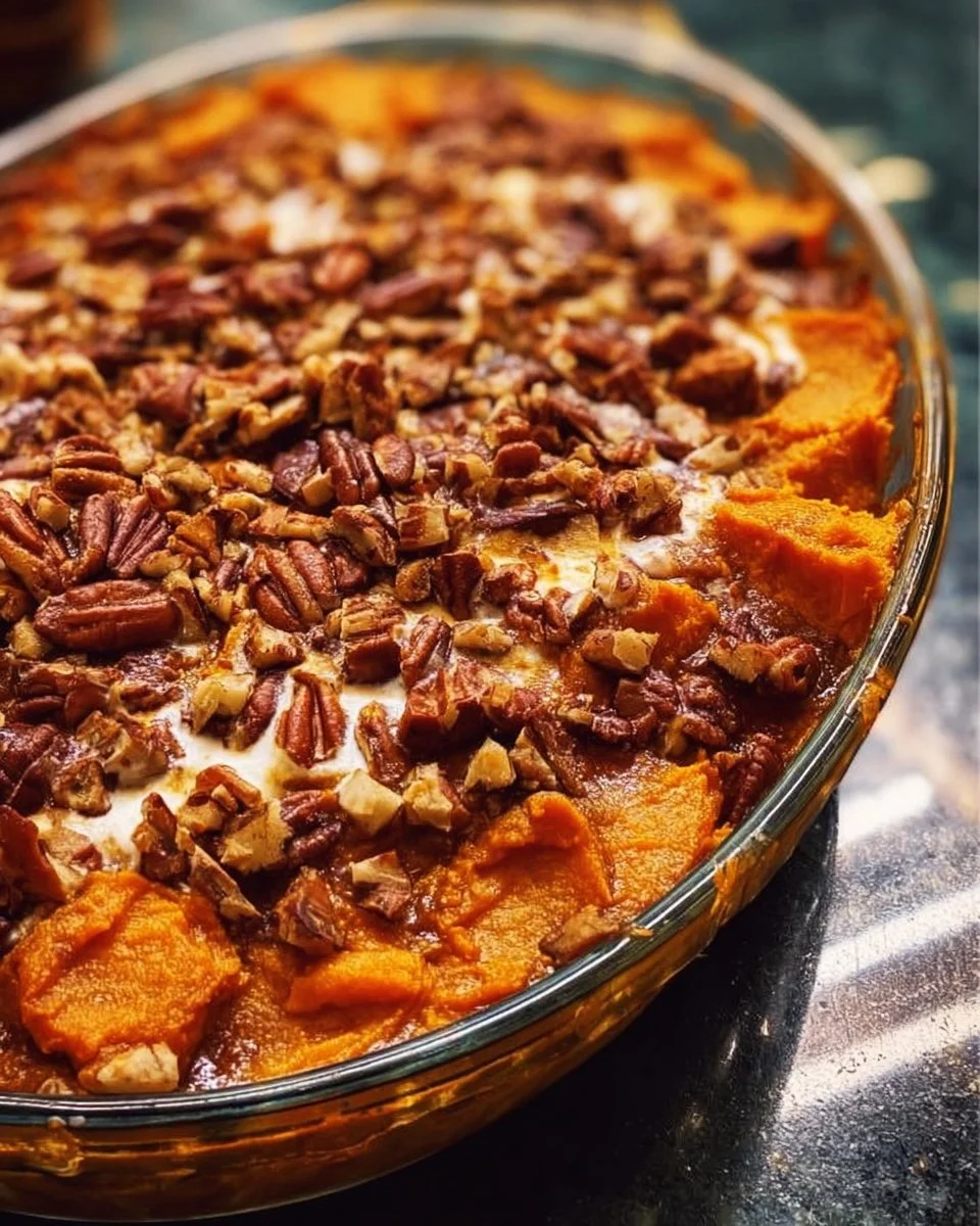 Southern Maple Sweet Potato Casserole topped with pecans and marshmallows