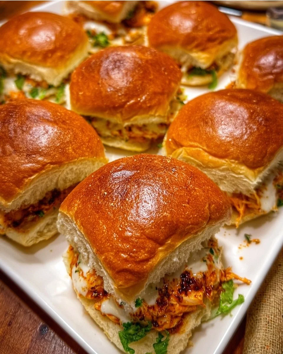 Delicious spicy Buffalo chicken sliders served on a plate